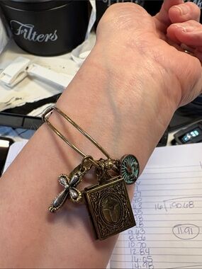 Elegant Bronze-Tone Charm Bangle Bracelet with Cross and Book Charms